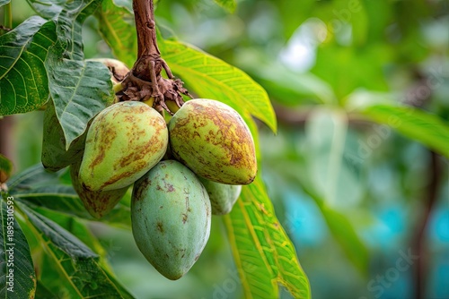 Unripe Pawpaw Fruit Cluster Hanging on a Tree Branch with Green Leaves