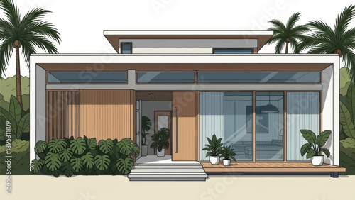 Modern single-story glass-front house with palm trees and landscaped entrance.
