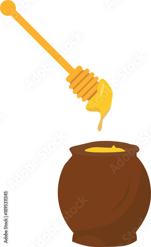 Wooden spoon with dripping honey into jar flat vector illustration for beekeeping and food