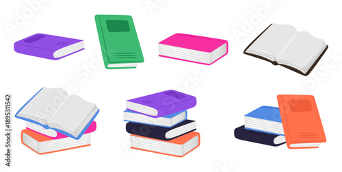 Set of paper books, notebooks, diaries. Collection of literature for reading, notepads, note pads, planners. Hand drawn pile of textbooks for education on white background. Flat vector illustration
