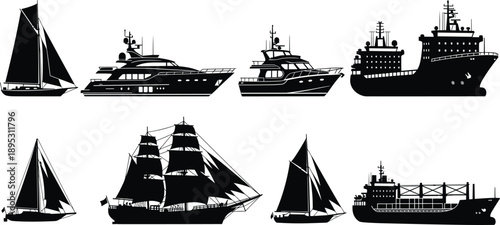Black and white ship silhouettes collection featuring sailing yachts luxury boats tall ships and modern cargo vessels isolated on white