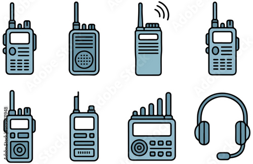 Walkie talkie line icons set of professional radio communication equipment for security and industrial workers