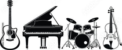 music instruments silhouette set guitar piano drums violin orchestra band sound illustration