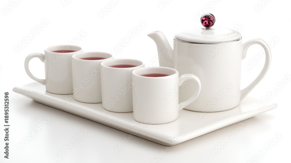 Fototapeta premium A white tea set with a teapot and four matching cups on a rectangular tray, showcasing a simple, elegant design.