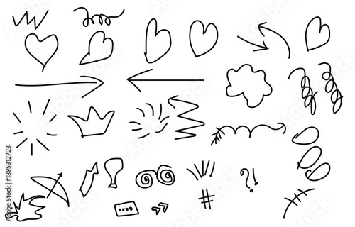 Black outline doodles show stars arrows speech bubbles flowers clouds sun diamonds hearts crowns and more. Flower, heart, star and curved lines black ink ornate. Isolated vector symbols set. 