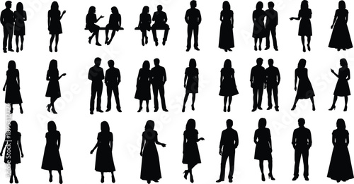people silhouettes standing sitting couples communication social interaction vector illustration black isolated lifestyle design