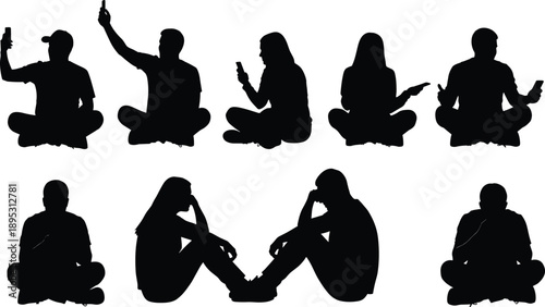 Black and white smartphone addiction silhouettes collection showing men and women sitting and using mobile phones in modern digital lifestyle poses