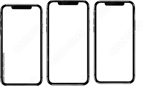 Three Modern Smartphone Screen Mockups with Blank Displays, CAD Drawing Flat Vector Illustration for Mobile App UI UX Design Presentation Templates