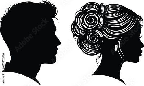 profile, silhouette, person, face, hairstyle, updo, short, hair, black, white, contrast, design, vector, illustration, graphic, style, beauty, fashion, icon, portrait