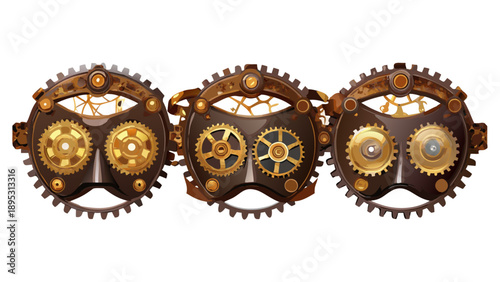 Steampunk masquerade masks, copper and brass gears, clockwork mechanisms, leather straps, glowing amber lights, industrial Victorian style.