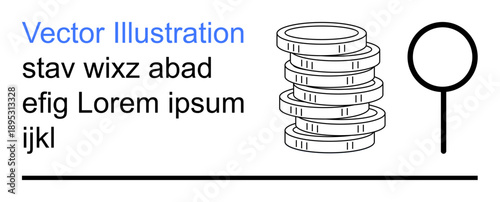Finance, investment, market research, asset management, savings, currency. Stack of coins next to a magnifying glass. Focus on finance and investment concepts