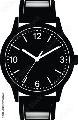 Classic wristwatch vector illustration, analog timepiece silhouette icon, luxury men fashion accessory, elegant watch face design, professional time management tool.