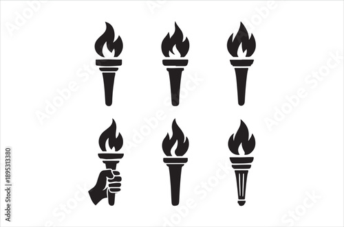 A collection of six black silhouette torch icons varying in flame and handle styles