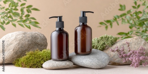 two dark brown glass shampoo bottles with black pumps on top of mossy rocks, on a beige background