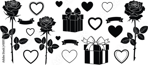 rose heart icons valentine love gift floral romance wedding black silhouette set