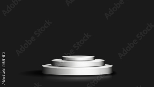 Realistic 3d rendering of a white circular podium or pedestal with three tiers against a dark, black background, suitable for product display or award presentation