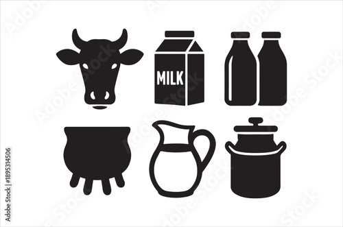 Minimalist black icons depict a cow milk containers and dairy farming related objects