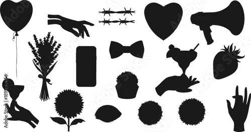 silhouette, icon, heart, flower, hand, cocktail, smartphone, cupcake, megaphone, strawberry, balloon, bowtie, henna, barbed, wire, eye, gesture, black, white, vector