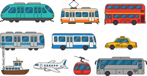 Public transportation vehicle vector set with train, tram, bus, taxi, airplane, boat and cable car for travel design