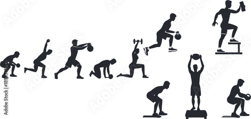 A set of black silhouette icons depicting various fitness exercises and workouts