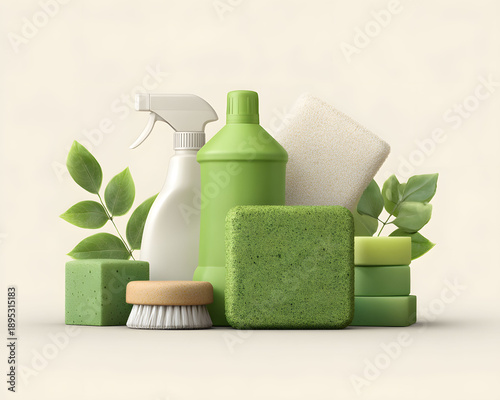 Collection of natural and sustainable cleaning products for a healthy home, showcasing eco-conscious hygiene solutions with botanical elements and fresh green leaves