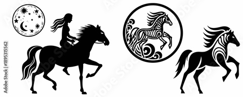 A set of black silhouettes featuring horses and a woman riding one under the stars and moon.