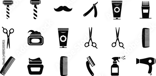 Collection of black and white icons for a barbershop or grooming