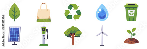 Set of ecology and renewable energy icons with recycling, solar, wind, water, tree, colorful collection with vector flat illustrations