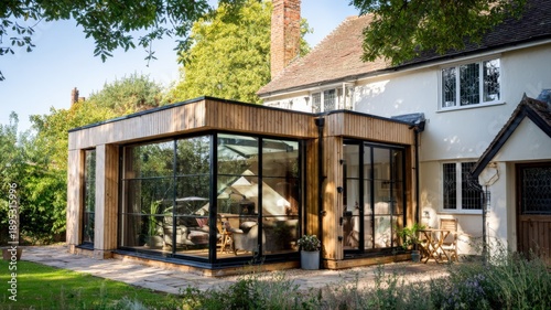 Modern timber frame extension on a traditional house showcasing design and connection with the garden