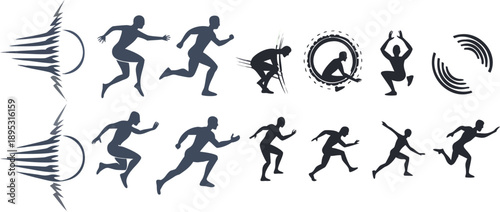 A set of black silhouettes depicting various athletic poses and movements in a minimalist vector graphic design