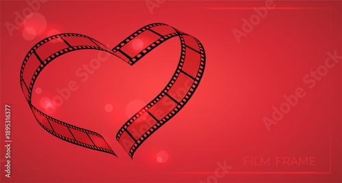 Film frame template with heart shaped filmstrip on red background and flashlights. Movie premiere banner. Vector illustration