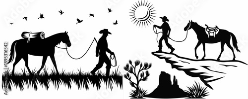 A black and white vector graphic illustration of cowboys leading horses in a minimalist silhouette style