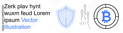 Blockchain technology, digital security, investment growth, cryptocurrency trading, financial innovation, online transactions. Shield, arrows, Bitcoin symbol highlight security and blockchain