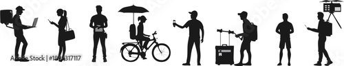 A set of black silhouette icons depicting people engaging in various daily activities and professions