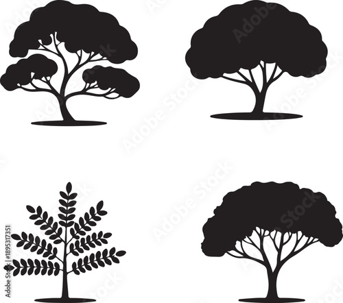 Four black silhouette trees on white background nature