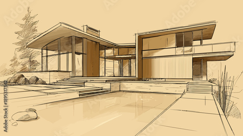 Conceptual architectural sketch of a luxury modern house with a swimming pool. Contemporary home design illustration, minimalist style.