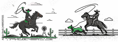 A vector graphic illustration of cowboys roping a dog and riding horses in a western landscape