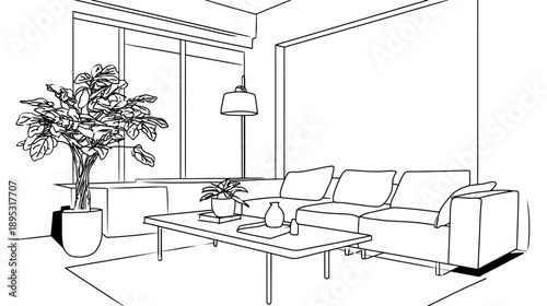 Minimalist line art sketch of a modern living room interior. Outline drawing with sofa, coffee table, plants, and lamp for design concept.