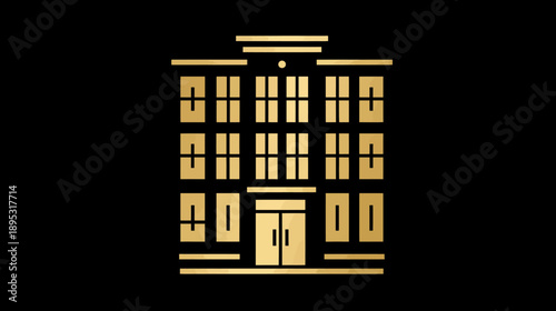 Golden stylized building icon on black, luxury architecture vector illustration for classic design, corporate, or hotel branding