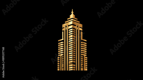 Elegant golden skyscraper icon on black background, luxurious architectural symbol, premium high-rise building concept