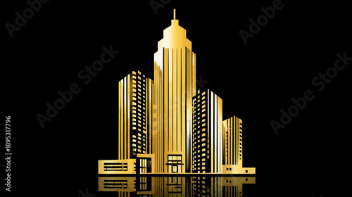 Luxury golden cityscape illustration with reflections on black, abstract urban skyline design for premium business and finance concepts.