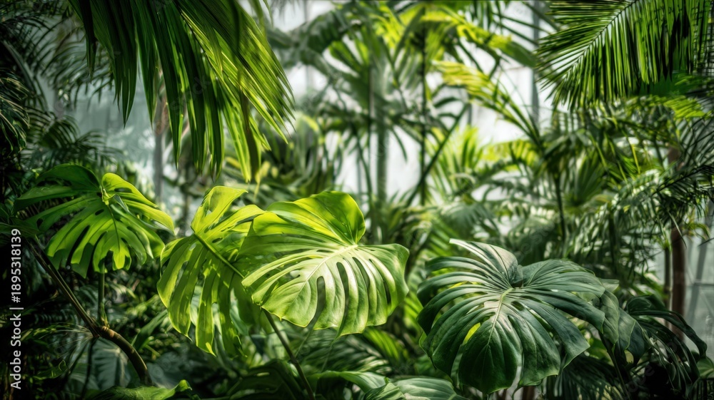 Obraz premium Lush Tropical Foliage: Close-Up of Monstera Leaves in a Green Environment, Perfect for Backgrounds and Nature Themes