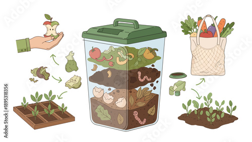 Composting process illustration with green bin and growing plants