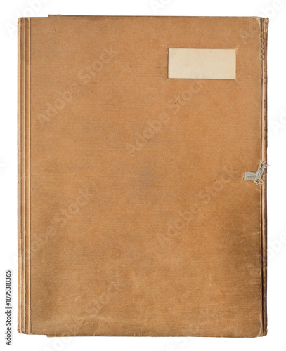 Vintage brown closed paper  folder with blank label, top view isolated