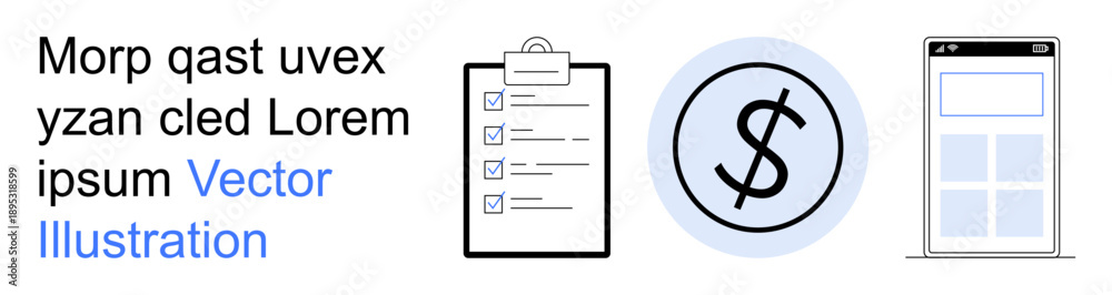 Obraz premium Finance, task planning, mobile design, budget management, app development, productivity. Icons of a checklist, dollar sign within a circle and a mobile interface. Finance and task planning concepts