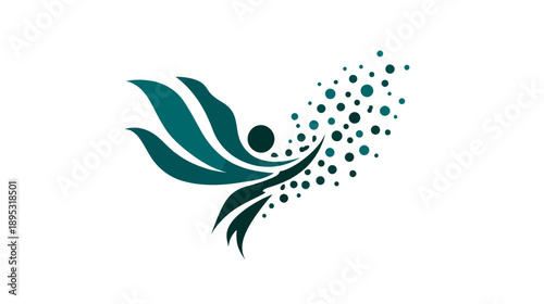 Abstract winged human figure in flight with swirling teal particles, symbolizing freedom, success, growth, and energetic well-being logo concept.