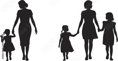 Silhouettes of mothers holding hands with their daughters in a simple black and white representing family bonds and childhood innocence