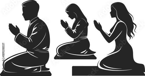Silhouettes of three individuals kneeling in prayer with hands clasped together in a gesture of devotion and reverence against a white background