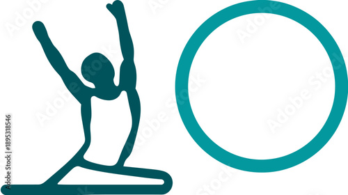 Stylized person in yoga pose stretching upwards with a teal circle outline. Graphic icon for wellness, meditation, and exercise.