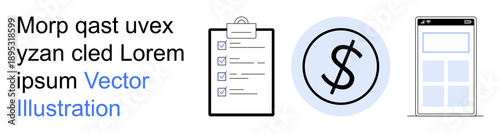 Finance, task planning, mobile design, budget management, app development, productivity. Icons of a checklist, dollar sign within a circle and a mobile interface. Finance and task planning concepts